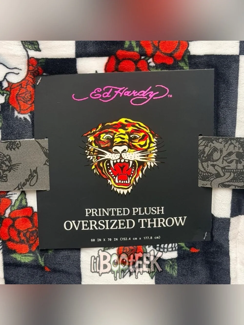 Ed Hardy Black & White Checkered Skull Rose Plush Oversized Throw Blanket